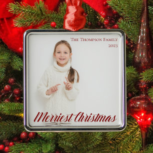 Merriest Christmas Chic Red Script Overlay Photo Metal Tree Decoration