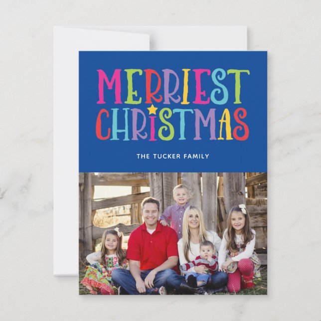 Merriest Christmas Colourful Stripes Family Photo Holiday Card (Front)