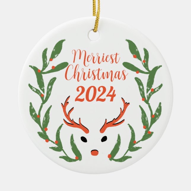 Merriest Christmas Custom Family Photo Holiday Ceramic Tree Decoration (Front)