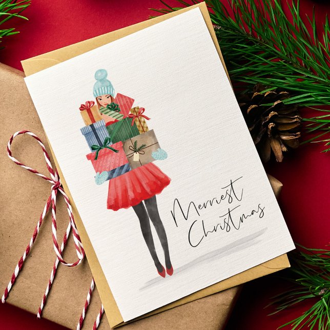 Merriest Christmas Cute Watercolor Girl Presents Holiday Card (Merriest Christmas Cute Watercolor Girl Presents Holiday Card)