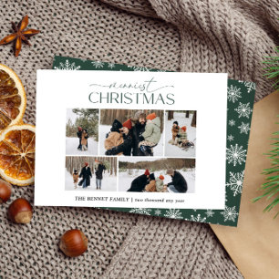 Merriest Christmas Elegant 5 Photo collage Green Holiday Card