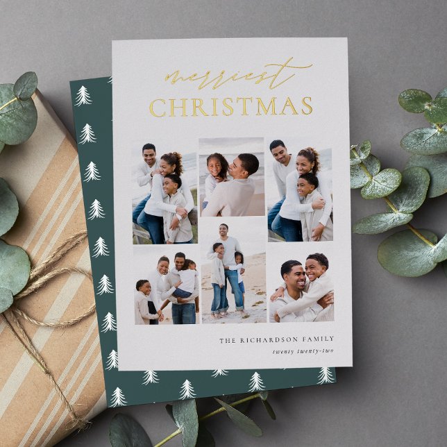 Merriest Christmas Elegant 6 Photo Collage Foil Holiday Card (Creator Uploaded)