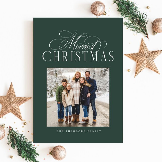 Merriest Christmas elegant green photo Holiday Card (Creator Uploaded)