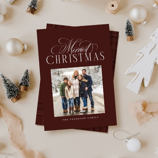 Merriest Christmas elegant maroon photo Holiday Card (Creator Uploaded)