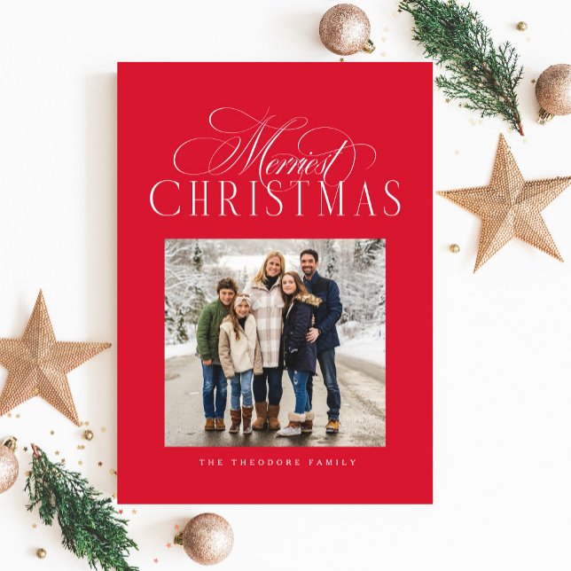 Merriest Christmas elegant red photo Holiday Card (Creator Uploaded)