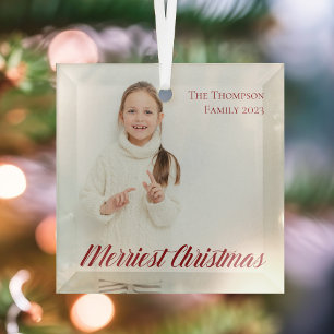Merriest Christmas Elegant Red Script Photo Glass Tree Decoration