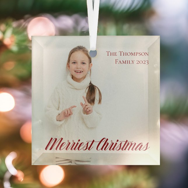Merriest Christmas Elegant Red Script Photo Glass Tree Decoration (Creator Uploaded)