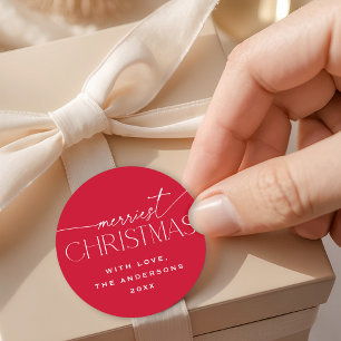Merriest Christmas Elegant Typography Red Holiday Classic Round Sticker