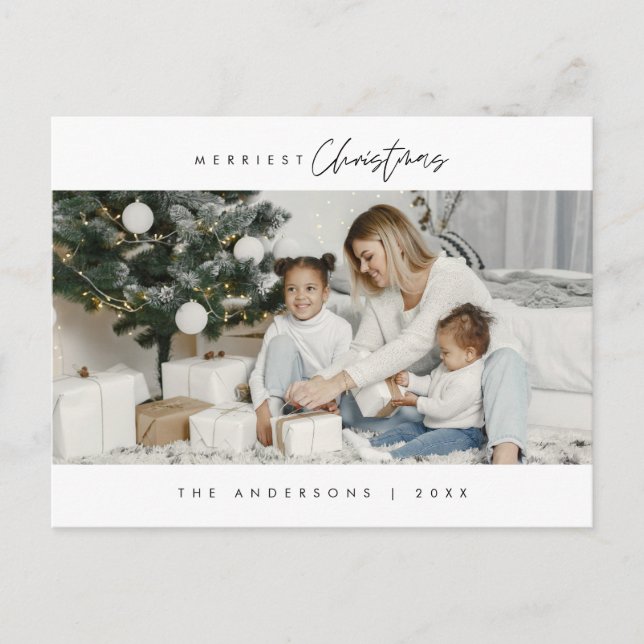 Merriest Christmas Family Photo, Modern Minimalist Postcard (Front)