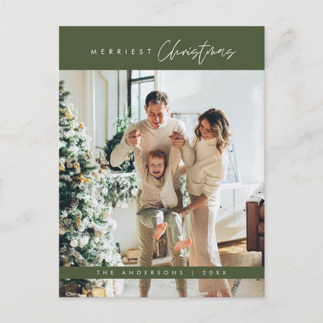 Merriest Christmas Family Photo, Modern Minimalist Postcard (Front)