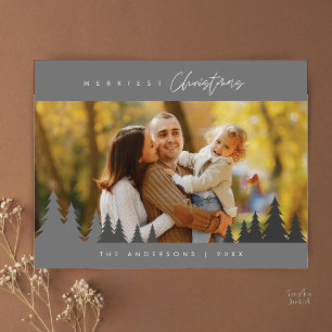 Merriest Christmas Family Photo Outdoor Pine Trees Postcard