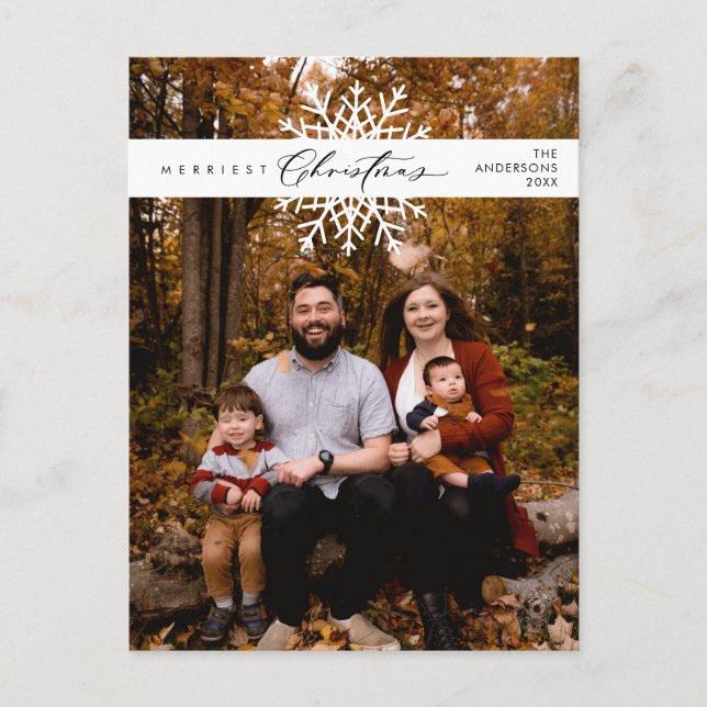 Merriest Christmas Family Photo, Snow Flakes Postcard (Front)