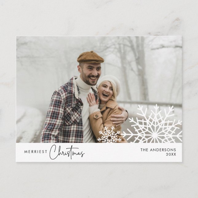 Merriest Christmas Family Photo, Snow Flakes Postcard (Front)