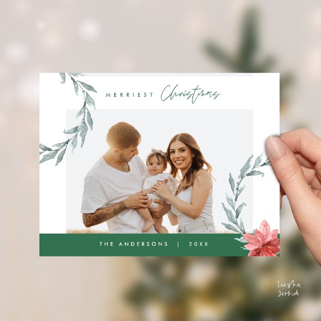 Merriest Christmas Family Photo, Watercolor Wreath Postcard (Merriest Christmas Family Photo, Watercolor Wreath Postcard in Greenery Green)