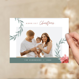 Merriest Christmas Family Photo, Watercolor Wreath Postcard