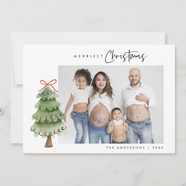 Merriest Christmas, Family Photo, Xmas Tree Holiday Card (Front)