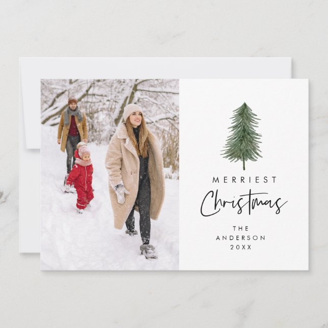 Merriest Christmas, Family Photo, Xmas Tree Holiday Card (Front)