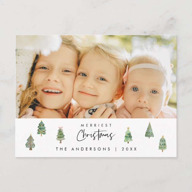 Merriest Christmas Family Photo, Xmas Trees Postcard (Front)