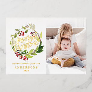 merriest christmas floral 1 photo foil holiday card