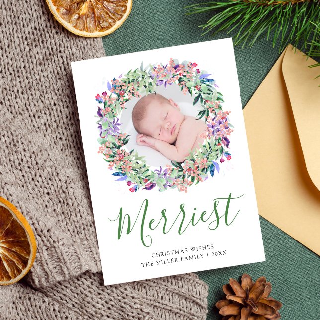 Merriest Christmas Floral Wreath Photo Holiday Card (Creator Uploaded)
