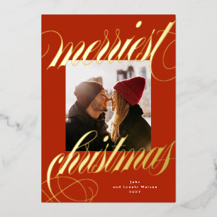 merriest christmas gold calligraphy red photo foil holiday card