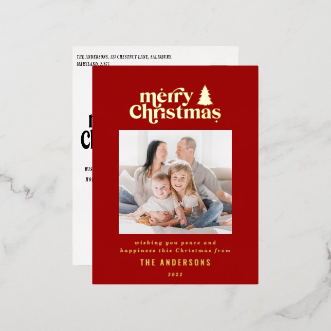 Merriest Christmas graphic typography photo   Foil Foil Holiday Postcard (Front/Back)