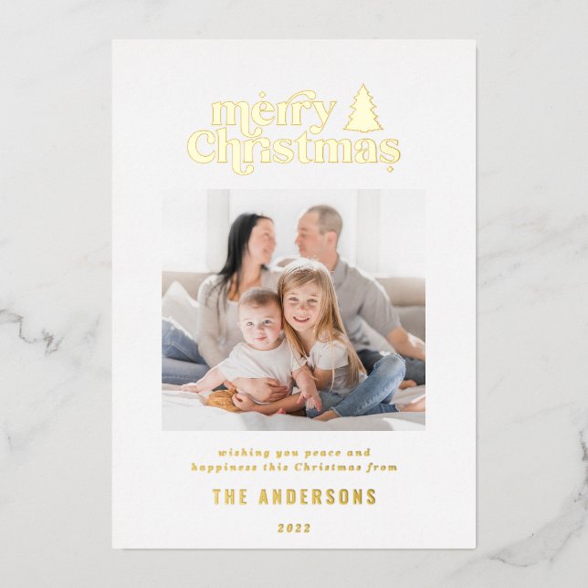 Merriest Christmas graphic typography photo  Foil Holiday Card (Front)