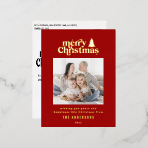 Merriest Christmas graphic typography photo Foil Holiday Postcard