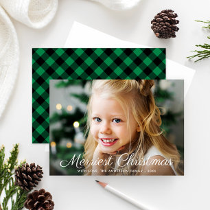 Merriest Christmas Green Buffalo Plaid Photo Holiday Card