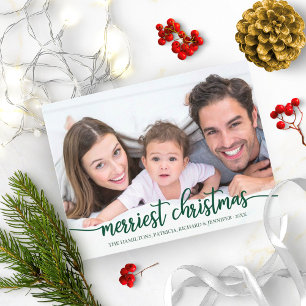 Merriest Christmas Green Calligraphy Full Photo Postcard