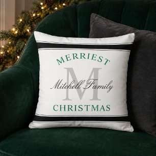 Merriest Christmas Green Family Monogram Holiday Cushion