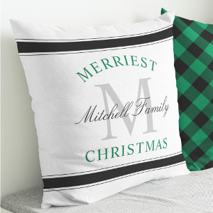 Merriest Christmas Green Family Monogram Holiday Cushion