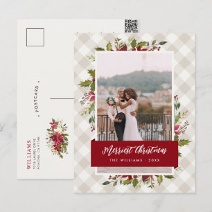 Merriest Christmas Greenery and Gingham Photo Holiday Postcard