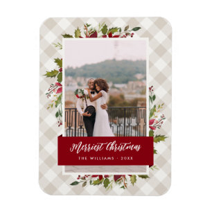 Merriest Christmas Greenery and Gingham Photo Magnet