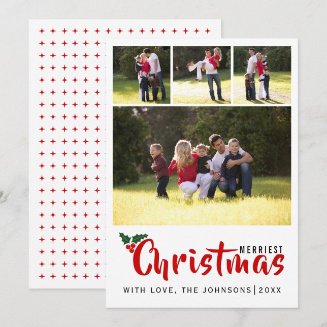 Merriest Christmas holly 4 photo collage card (Front/Back)