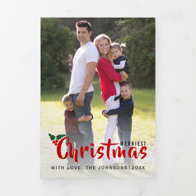 Merriest Christmas holly berry Christmas photo Tri-Fold Holiday Card (Cover)
