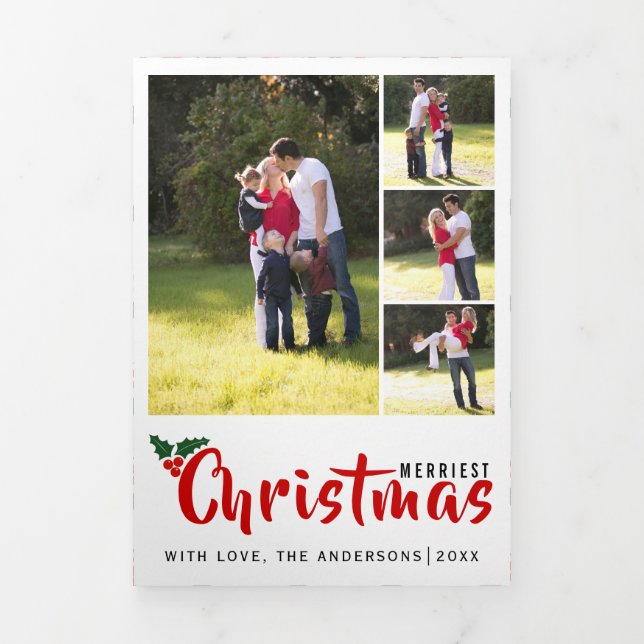 Merriest Christmas holly berry, photo collage Tri-Fold Holiday Card (Cover)