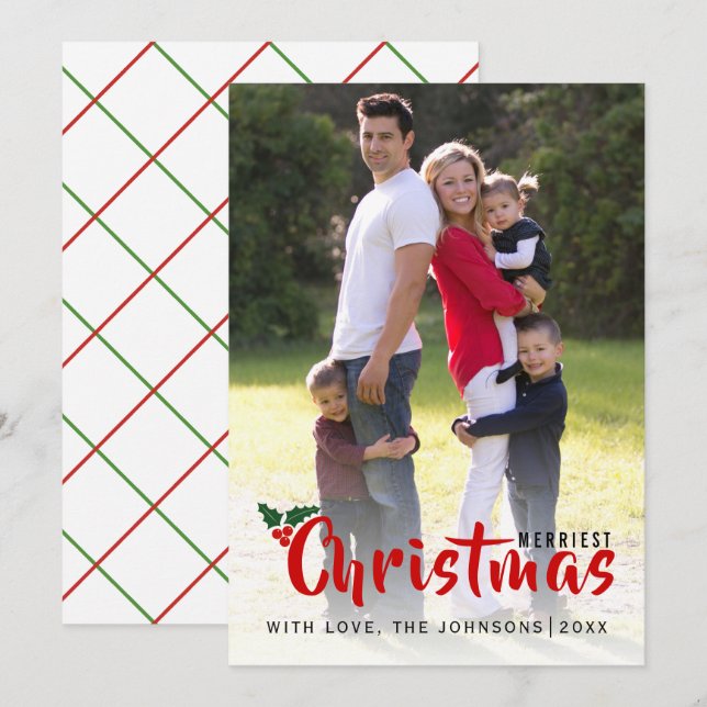Merriest Christmas holly berry simple photo card (Front/Back)
