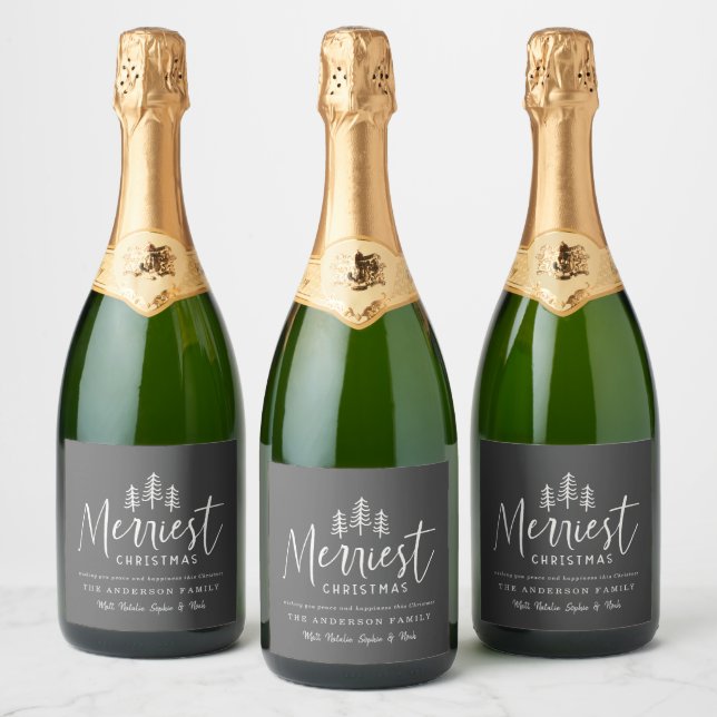 Merriest Christmas minimal forest Christmas Sparkling Wine Label (Bottles)