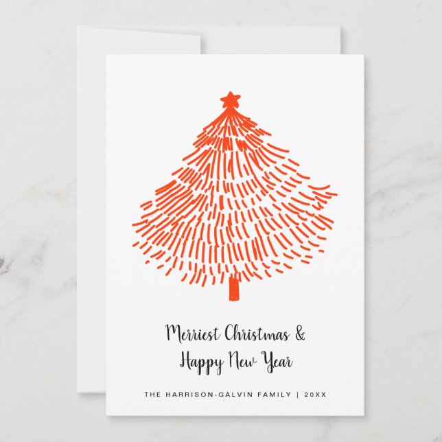Merriest Christmas Minimal Modern Red Tree Holiday Card (Front)