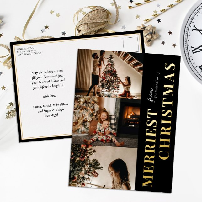 Merriest Christmas Modern Black Gold Script Photo Foil Holiday Postcard (Creator Uploaded)