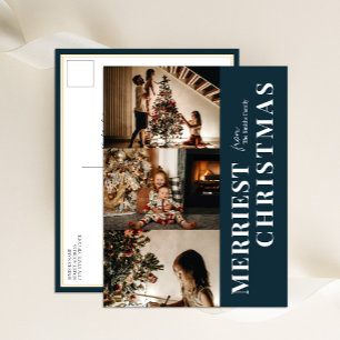 Merriest Christmas Modern Blue Script 3 Photo Holiday Postcard
