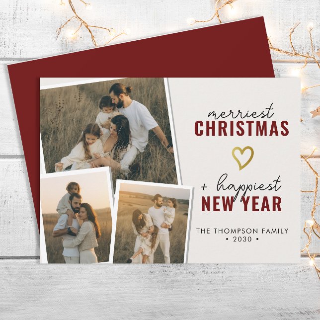 Merriest Christmas | Modern Boho 3 Photo Collage Holiday Card (Creator Uploaded)