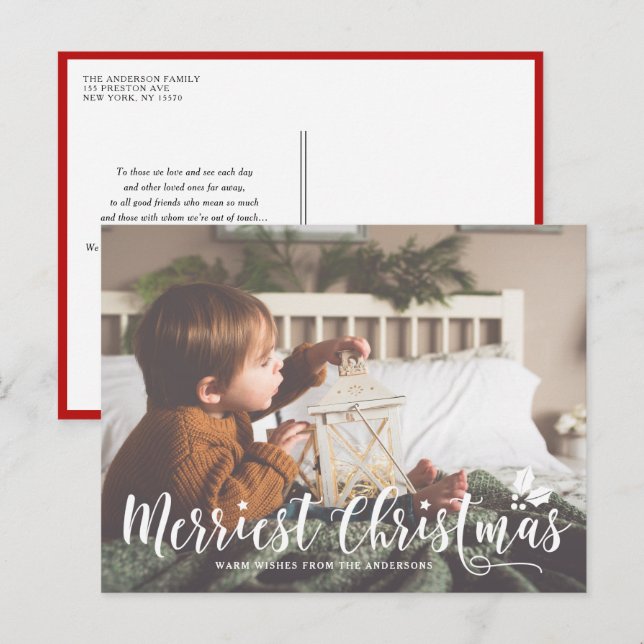 Merriest Christmas Modern Calligraphy Photo Holiday Postcard (Front/Back)