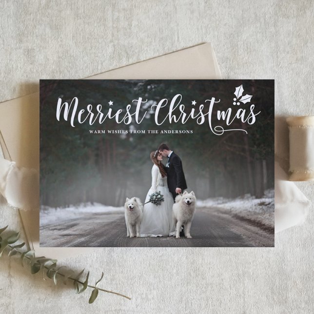 Merriest Christmas Modern Calligraphy Photo Holiday Postcard (Creator Uploaded)