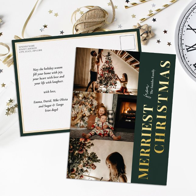 Merriest Christmas Modern Green Gold Script Photo Foil Holiday Postcard (Creator Uploaded)