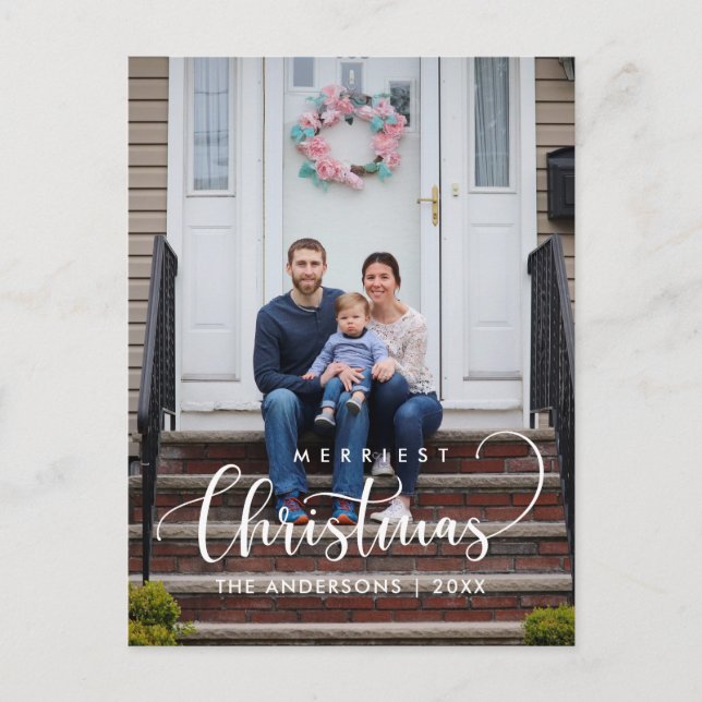 Merriest Christmas Modern Minimalist Family Photo  Postcard (Front)