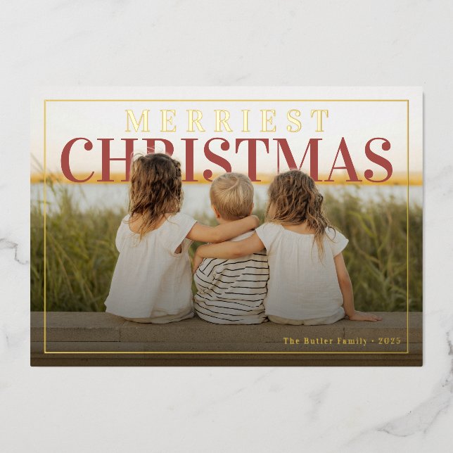 Merriest Christmas Modern Photo Foil Holiday Card (Front)