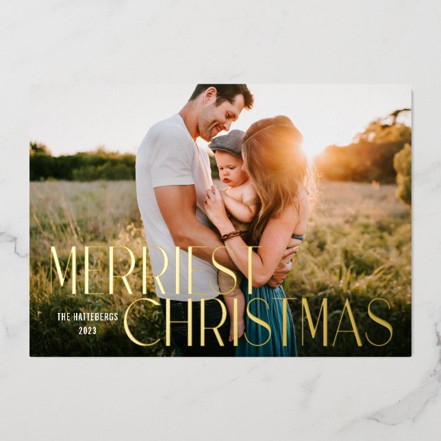 Merriest Christmas Modern Photo Foil Holiday Card (Front)