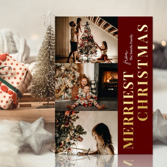 Merriest Christmas Modern Red Gold Script Photo Foil Holiday Card (Creator Uploaded)